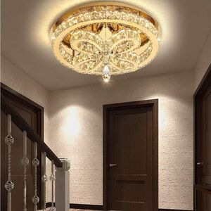(NEW) Modern Gold Flush Crystal Flush Mount Ceiling Chandelier - 20”x10”
